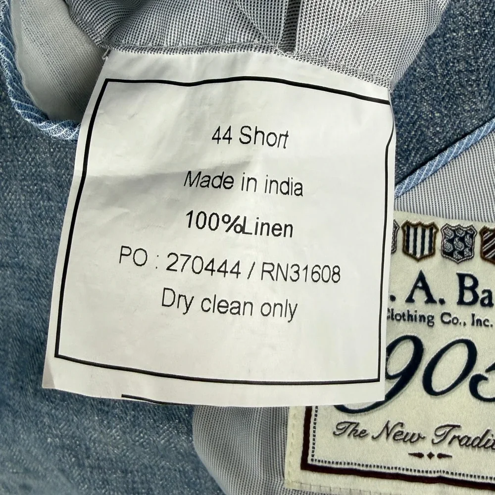 Jos A Bank 1905 Sport Coat Mens 44S Blue 100% Linen Tailored Fit Blazer